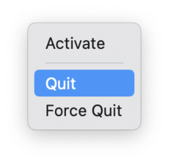 Меню управления приложением в Nektony Memory Cleaner с пунктами Activate, Quit и Force Quit