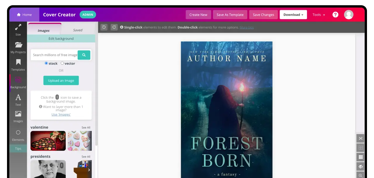 Интерфейс BookBrush Cover Creator с макетом книжной обложки