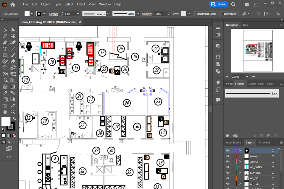 Интерфейс Adobe Illustrator при работе с DWG-графикой