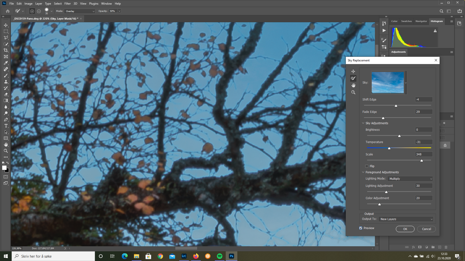 Редактирование маски нового неба в Photoshop