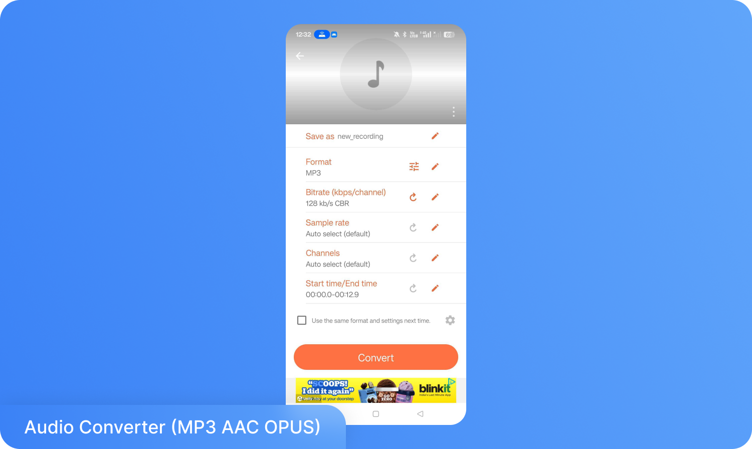 Настройки MP3 и кнопка Convert в Audio Converter от Bdroid Team