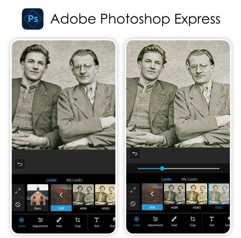 Интерфейс Looks и ползунок интенсивности в Adobe Photoshop Express