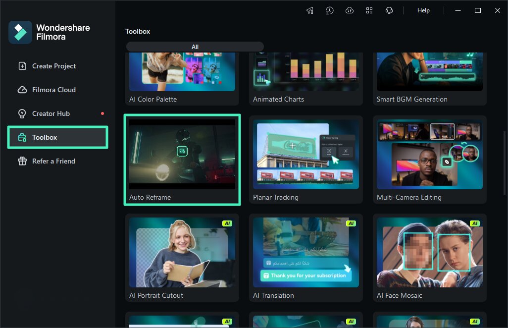 Инструмент Auto Reframe в разделе Toolbox Wondershare Filmora