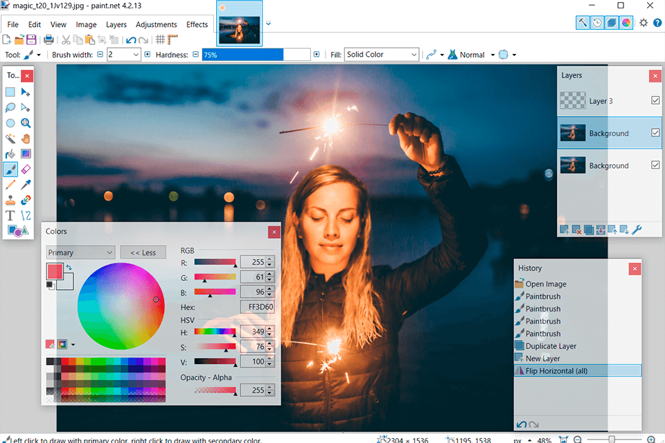 Панели инструментов и слоёв Paint.NET