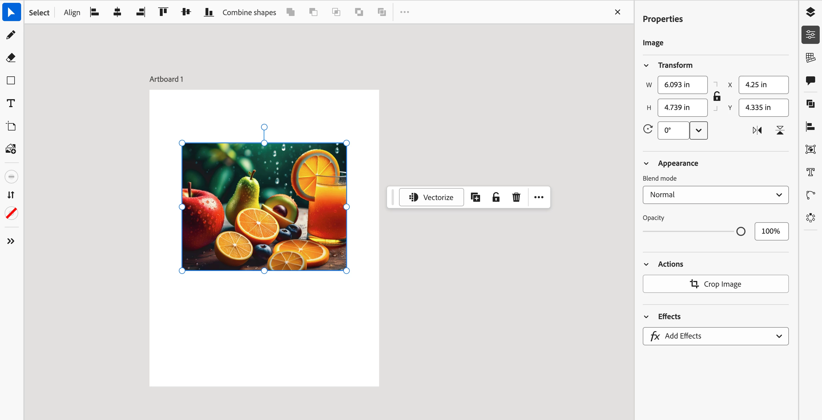 Интерфейс Adobe Illustrator on the web с выделенным изображением и командой Vectorize