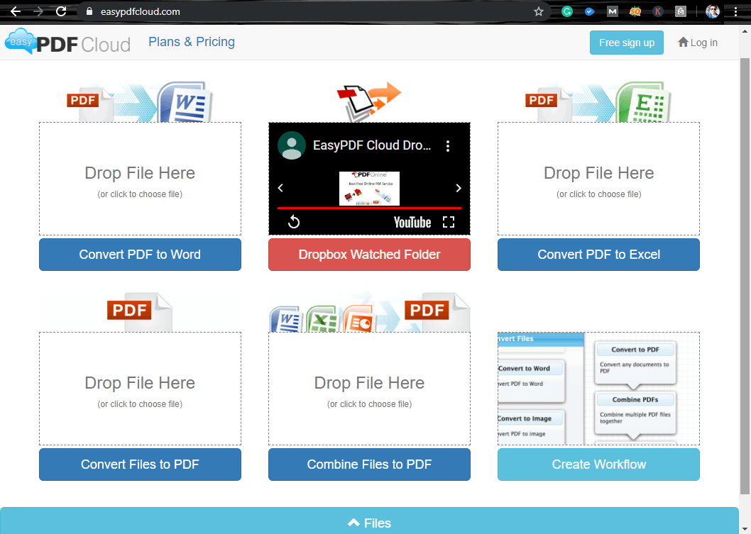 Интерфейс easyPDF Cloud с конвертацией PDF, Dropbox и созданием workflow