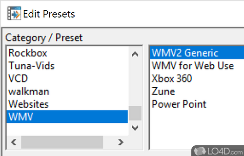 Окно Edit Presets в WinFF со списком категорий и профилей
