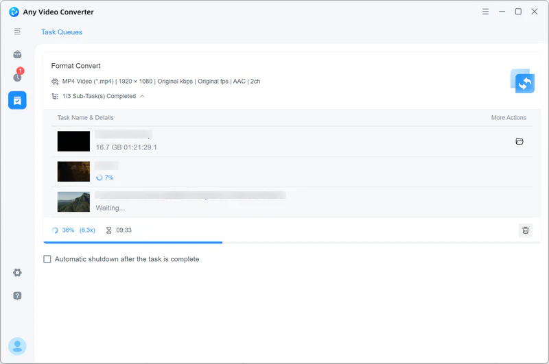 Очередь конвертации Any Video Converter после запуска Convert Now