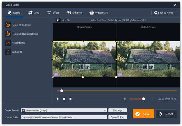 Aiseesoft Video Editor с кнопками Horizontal flip и Vertical flip