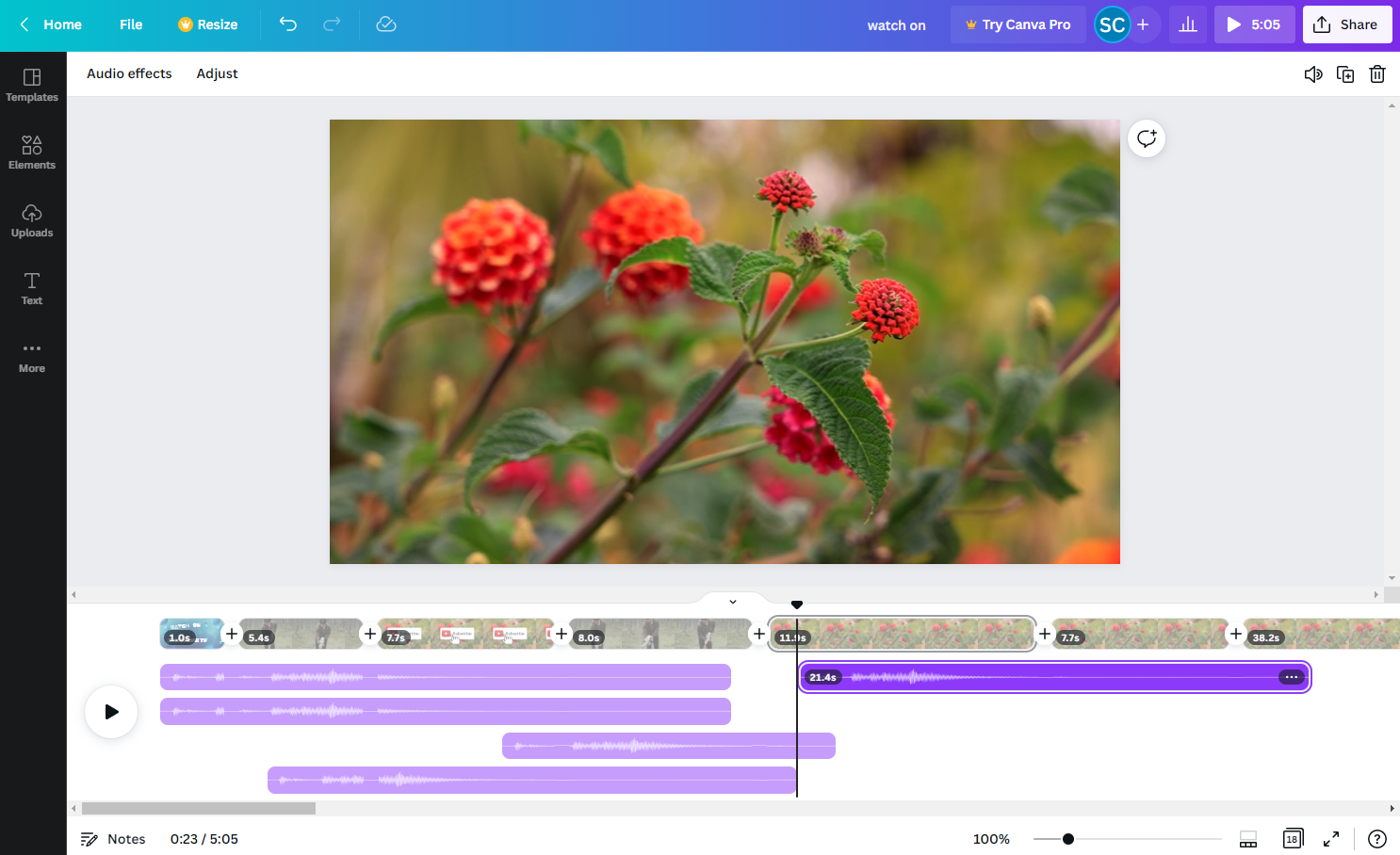 Интерфейс Canva Video Editor с рабочим холстом, сценами и несколькими аудиодорожками