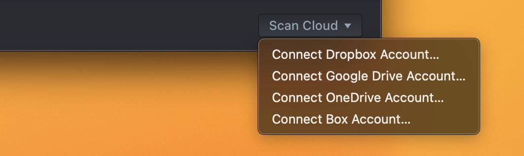 Меню Scan Cloud с подключением Dropbox, Google Drive, OneDrive и Box в DaisyDisk
