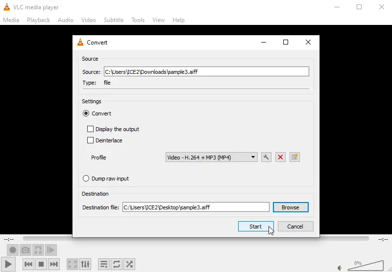 Запуск конвертации в VLC Media Player
