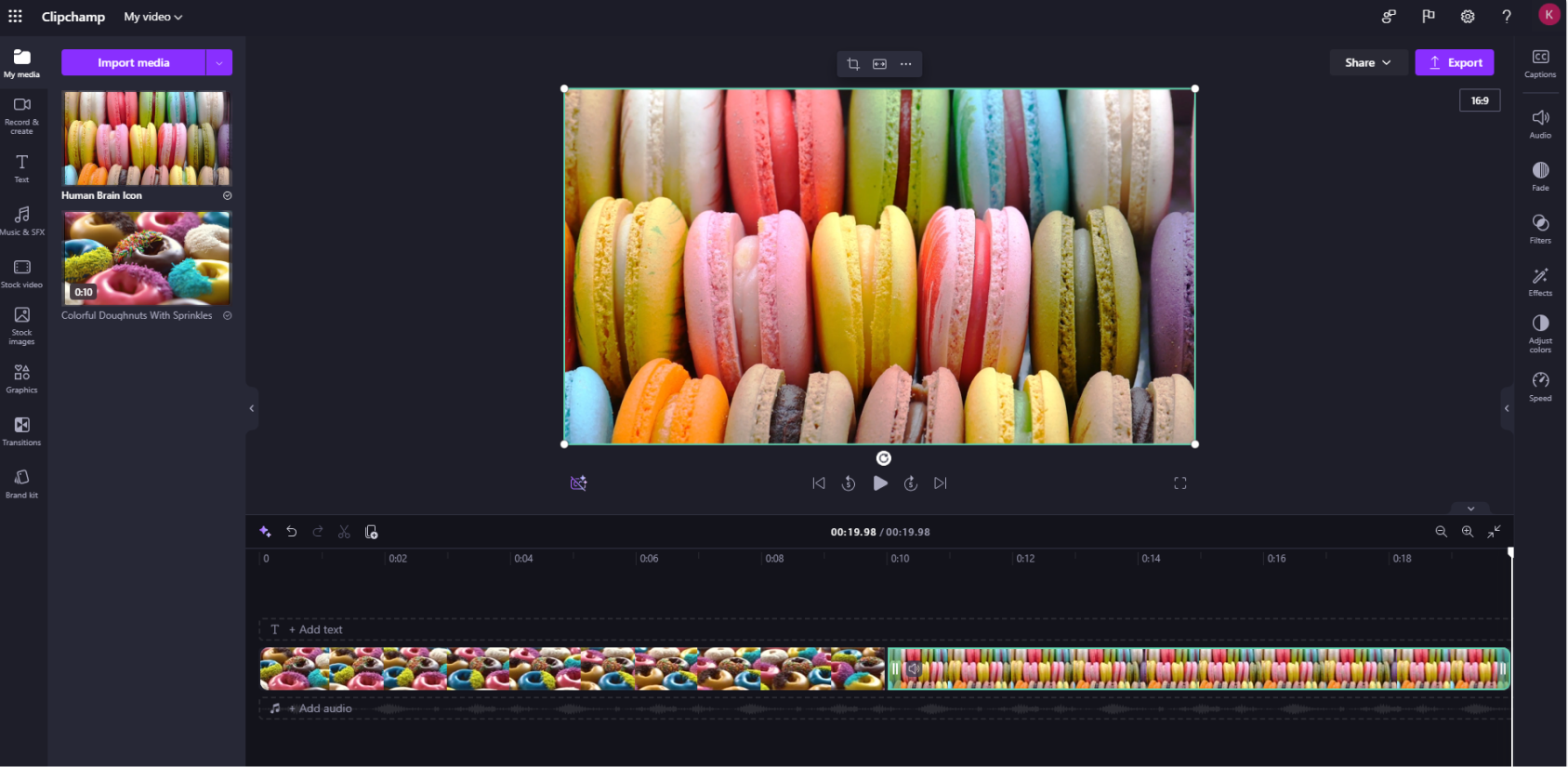 Clipchamp: несколько видеоклипов на временной шкале и кнопка Export