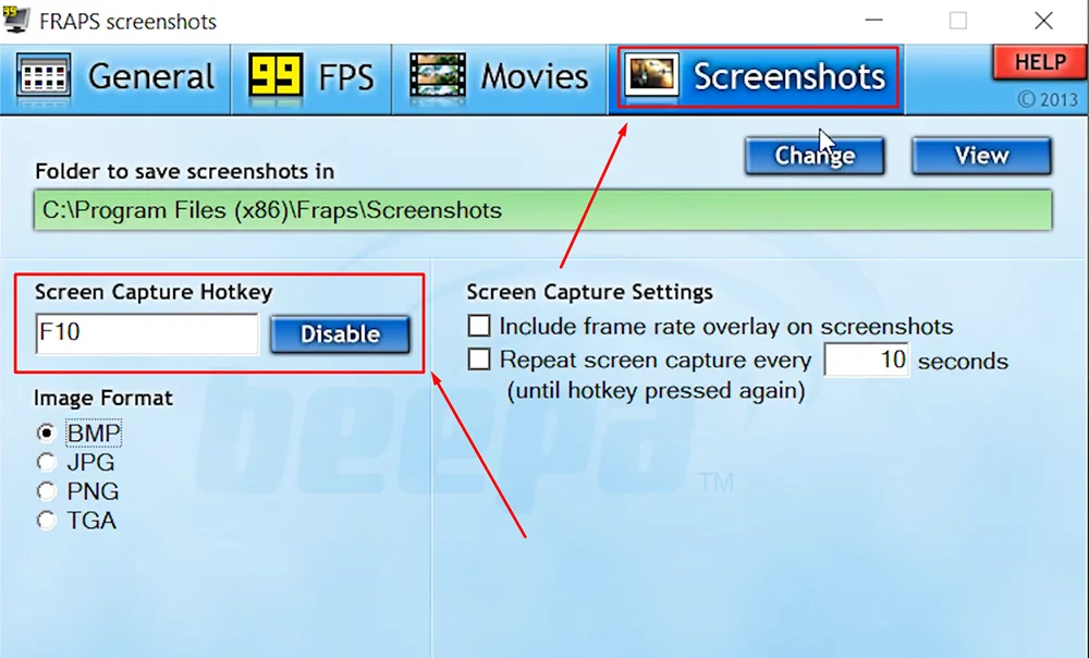 Настройки вкладки Screenshots в Fraps