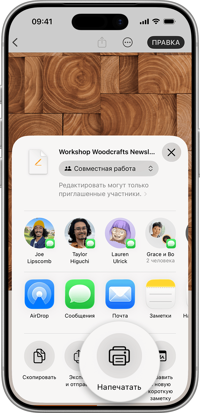 Системное меню iPhone с командой «Напечатать» для AirPrint