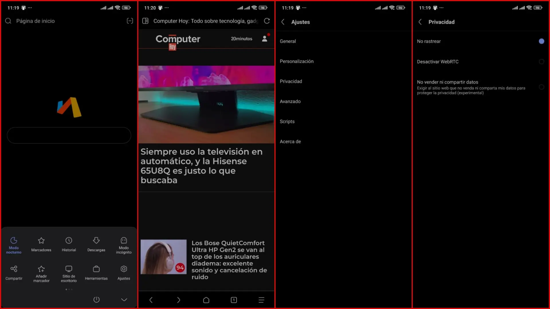 Интерфейс и настройки Via Browser на Android
