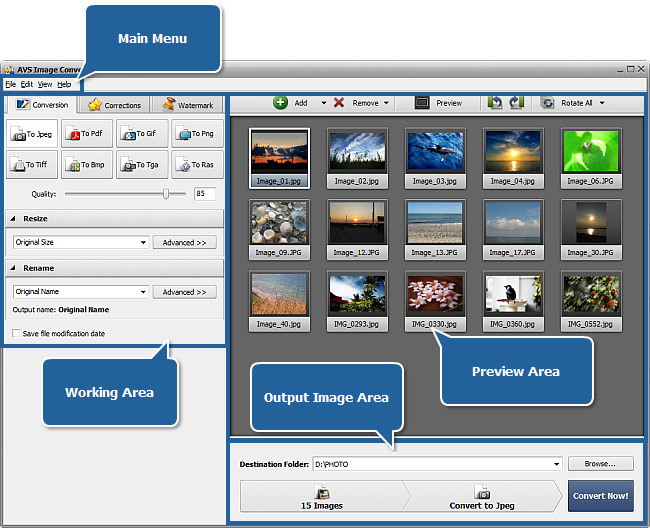 Главное окно AVS Image Converter с основными областями интерфейса