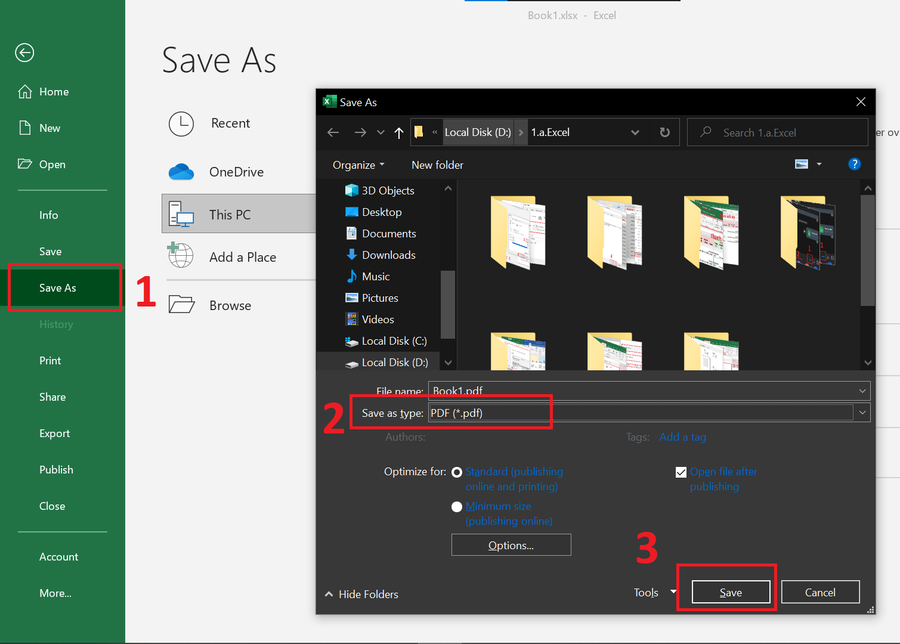 Окно Save As в Excel с выбранным типом PDF