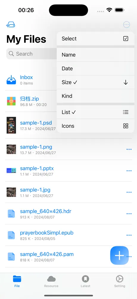 Интерфейс Fileso на iPhone со списком файлов, включая sample PAM