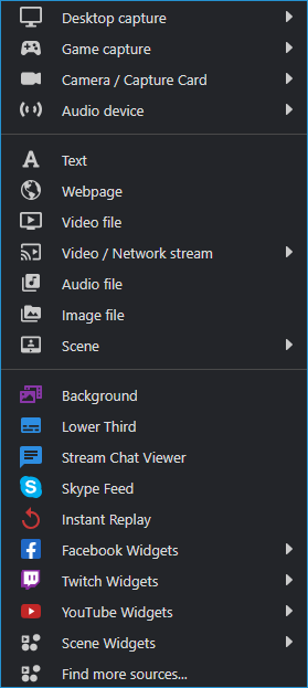 Меню Add Source в XSplit Broadcaster