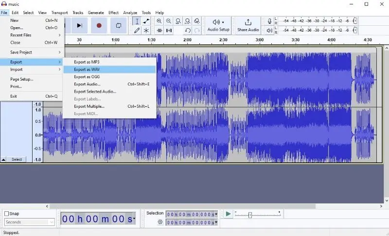 Экспорт аудио в WAV из Audacity