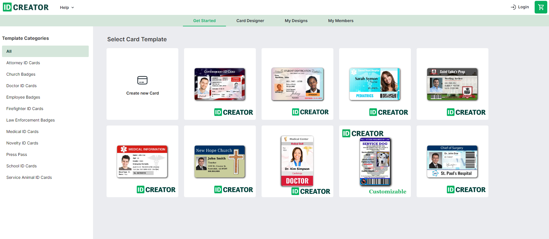 Стартовый экран IDCreator с выбором шаблона и кнопкой Create New Card