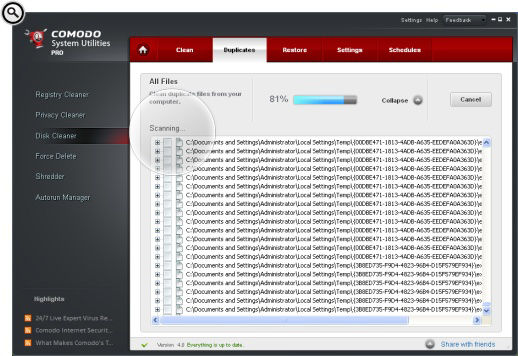 Вкладка Duplicates в Disk Cleaner с категориями All Files, Movies, Music и Pictures