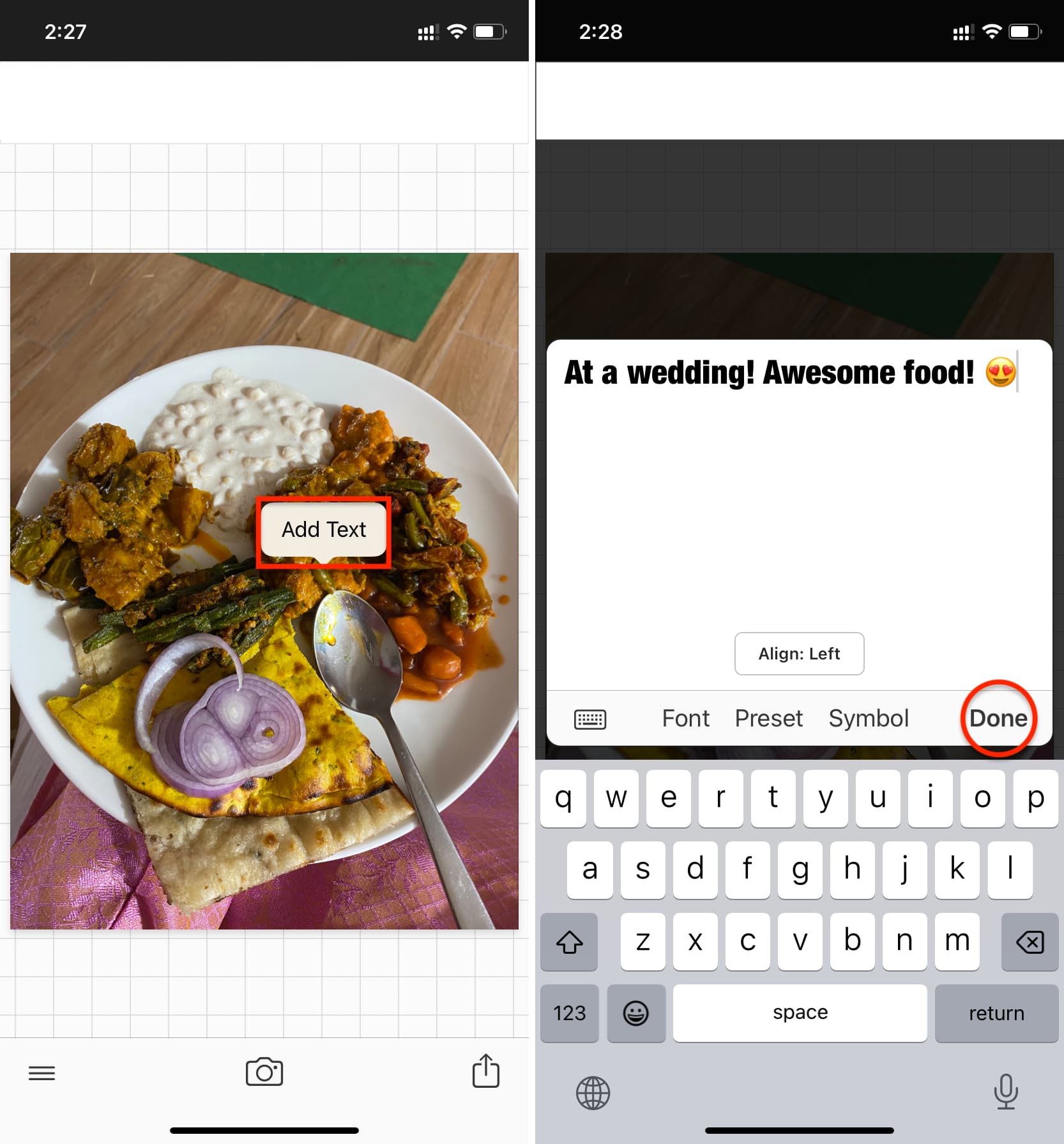 Окно Add Text в Phonto: ввод надписи, выбор шрифта, Preset, Symbol и Done