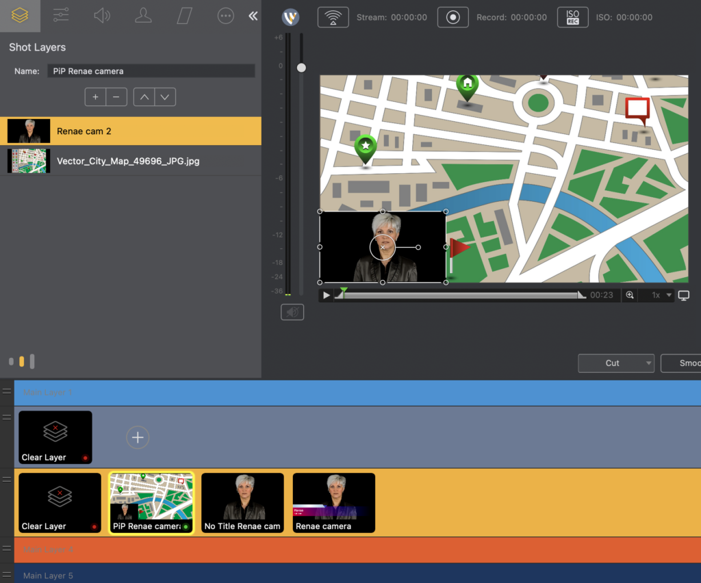 Picture-in-picture в Wirecast: камера поверх карты в редакторе shot layers