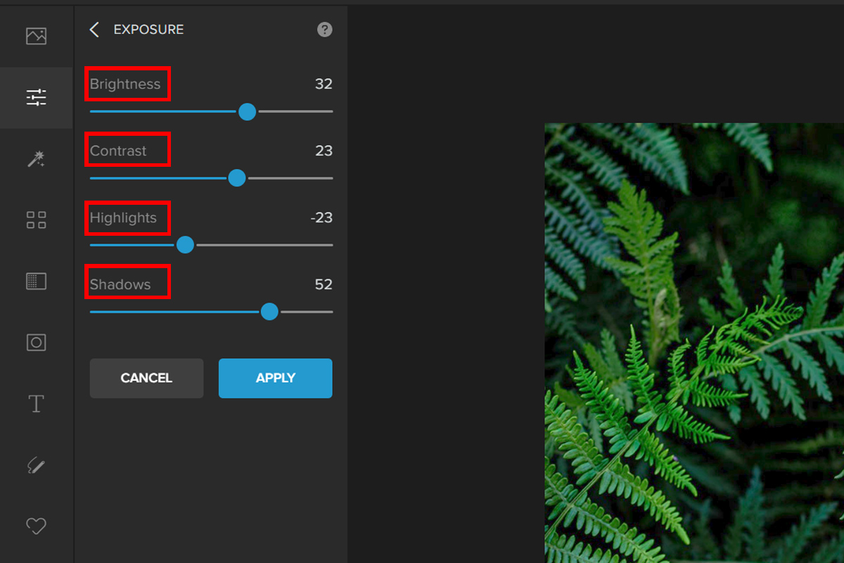 Панель Exposure в Colorcinch с Brightness, Contrast, Highlights и Shadows