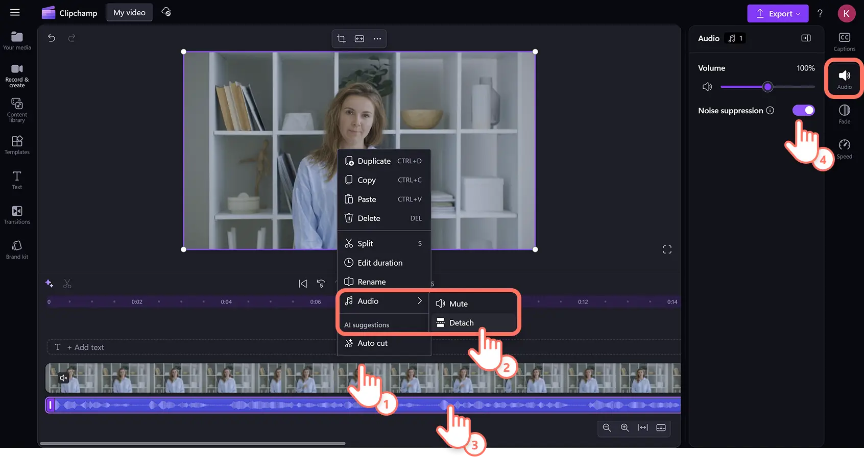 Отделение аудио и включённый Noise suppression в Clipchamp