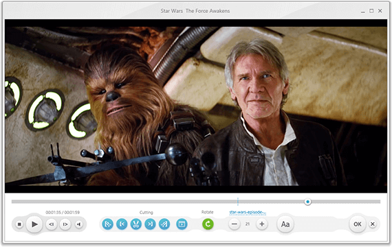 Окно плеера и редактора Freemake Video Converter с инструментами обрезки и поворота