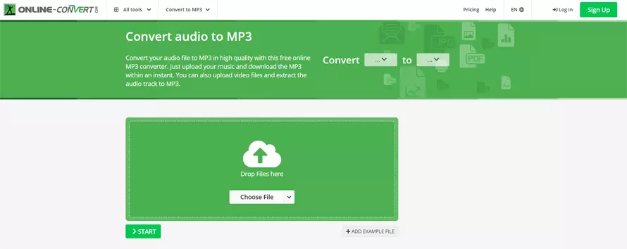 Online-Convert: страница Convert audio to MP3 с загрузкой файла и настройками