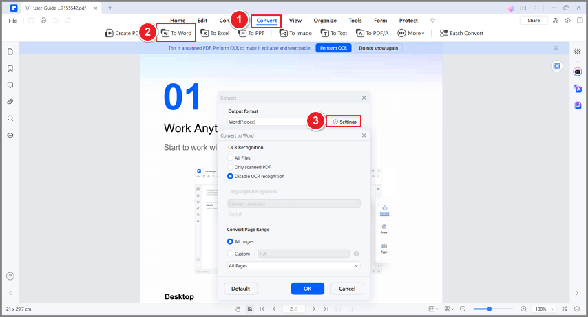 Настройки преобразования PDF в Word и OCR в PDFelement