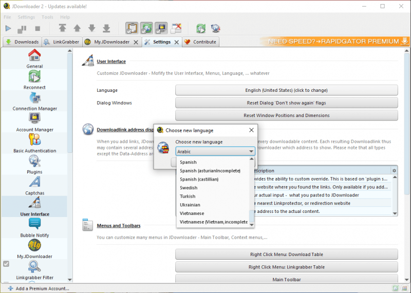 Интерфейс JDownloader 2 с вкладкой Settings и настройками User Interface