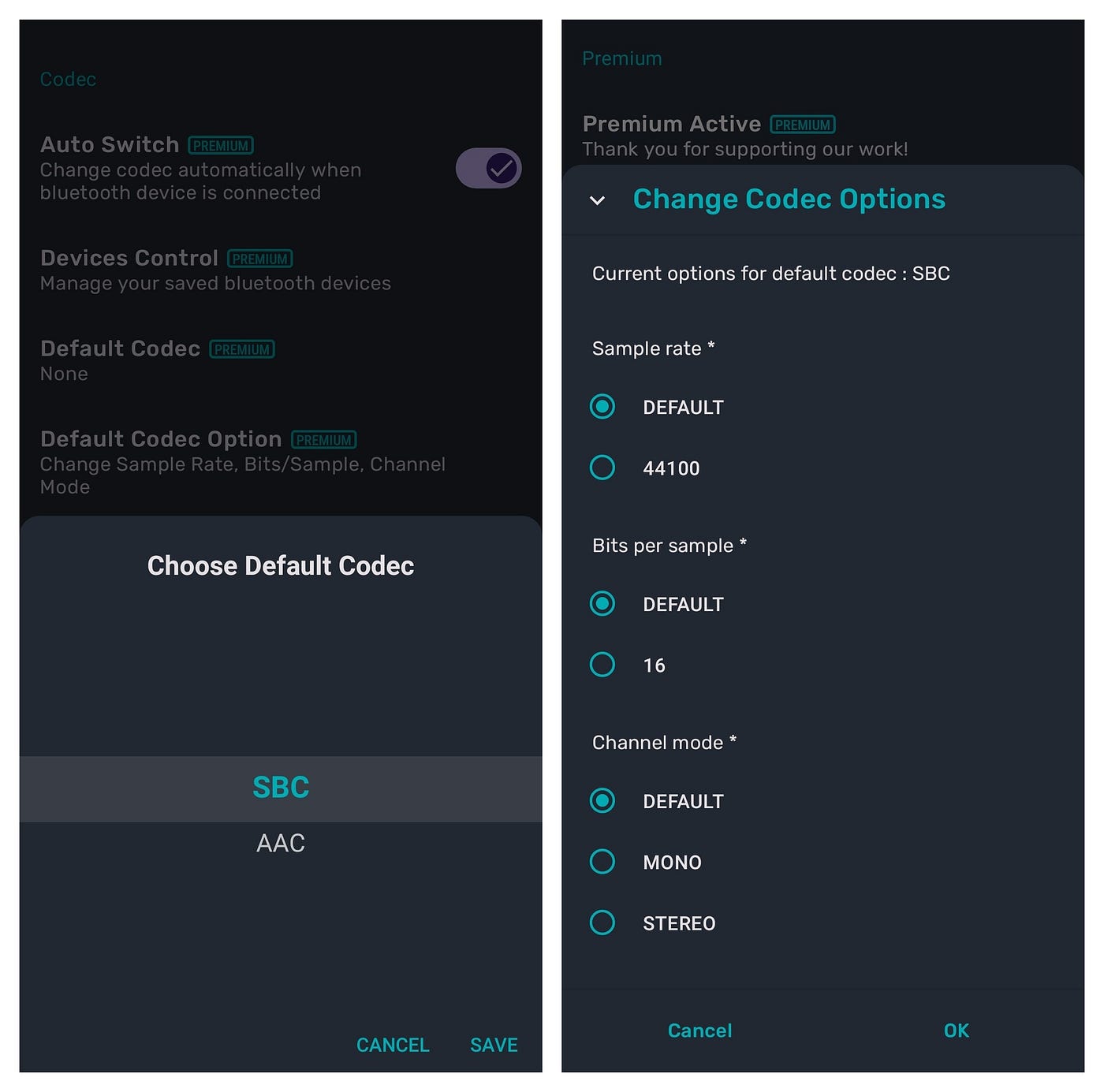 Bluetooth Codec Changer: выбор кодека и параметры sample rate bits per sample channel mode