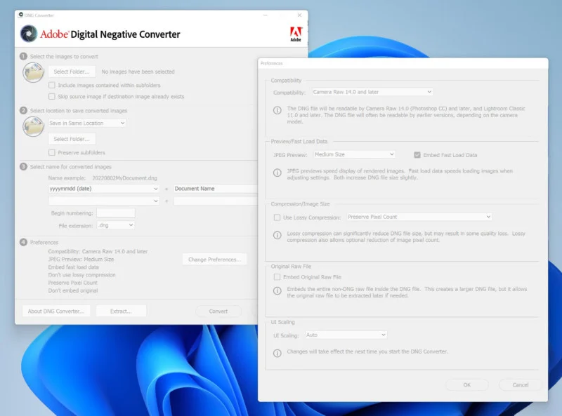Окно Adobe DNG Converter с выбором исходной и целевой папки