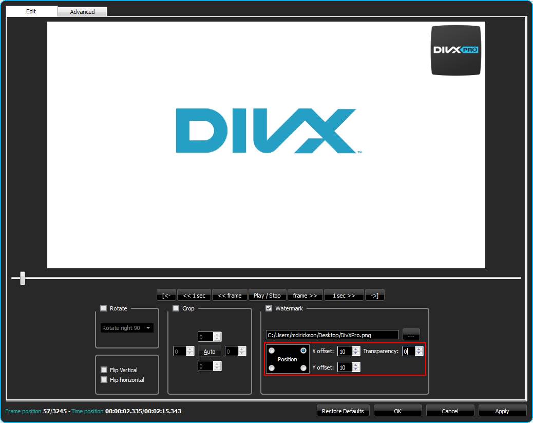 Настройки водяного знака в DivX Pro Converter: позиция, смещение и прозрачность
