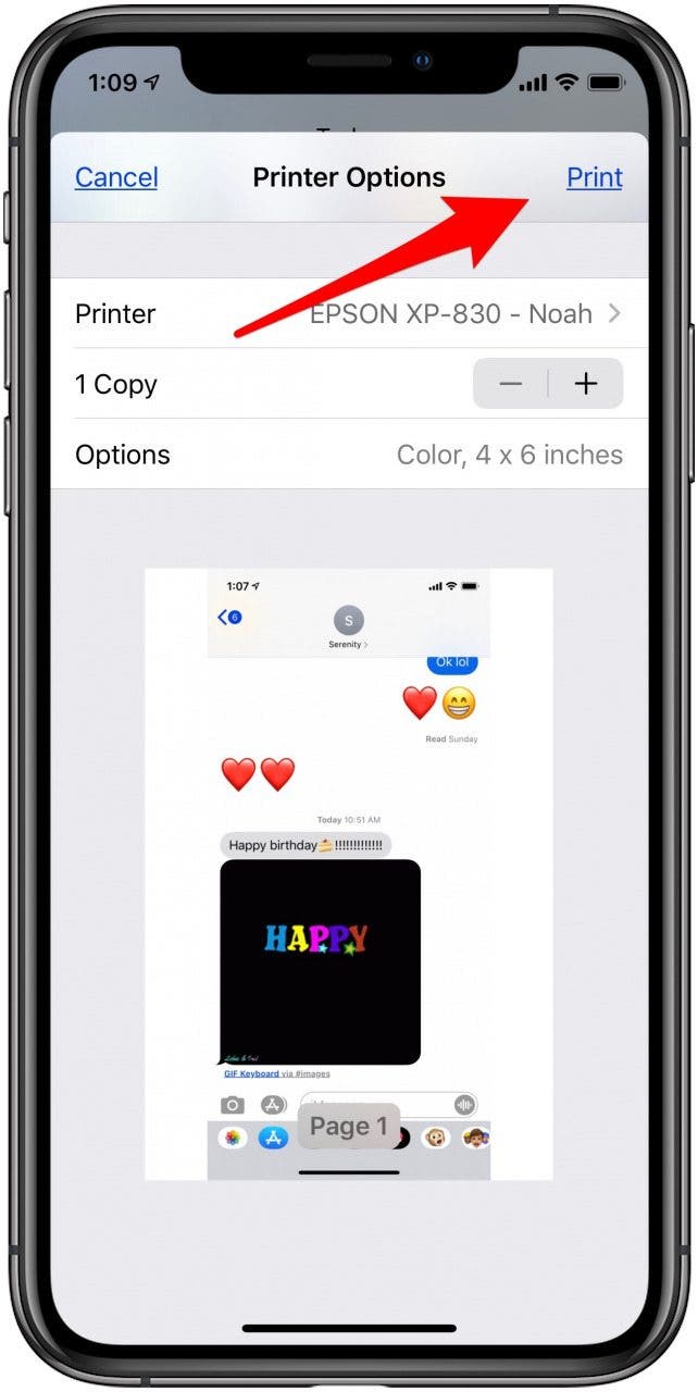 Экран параметров AirPrint на iPhone