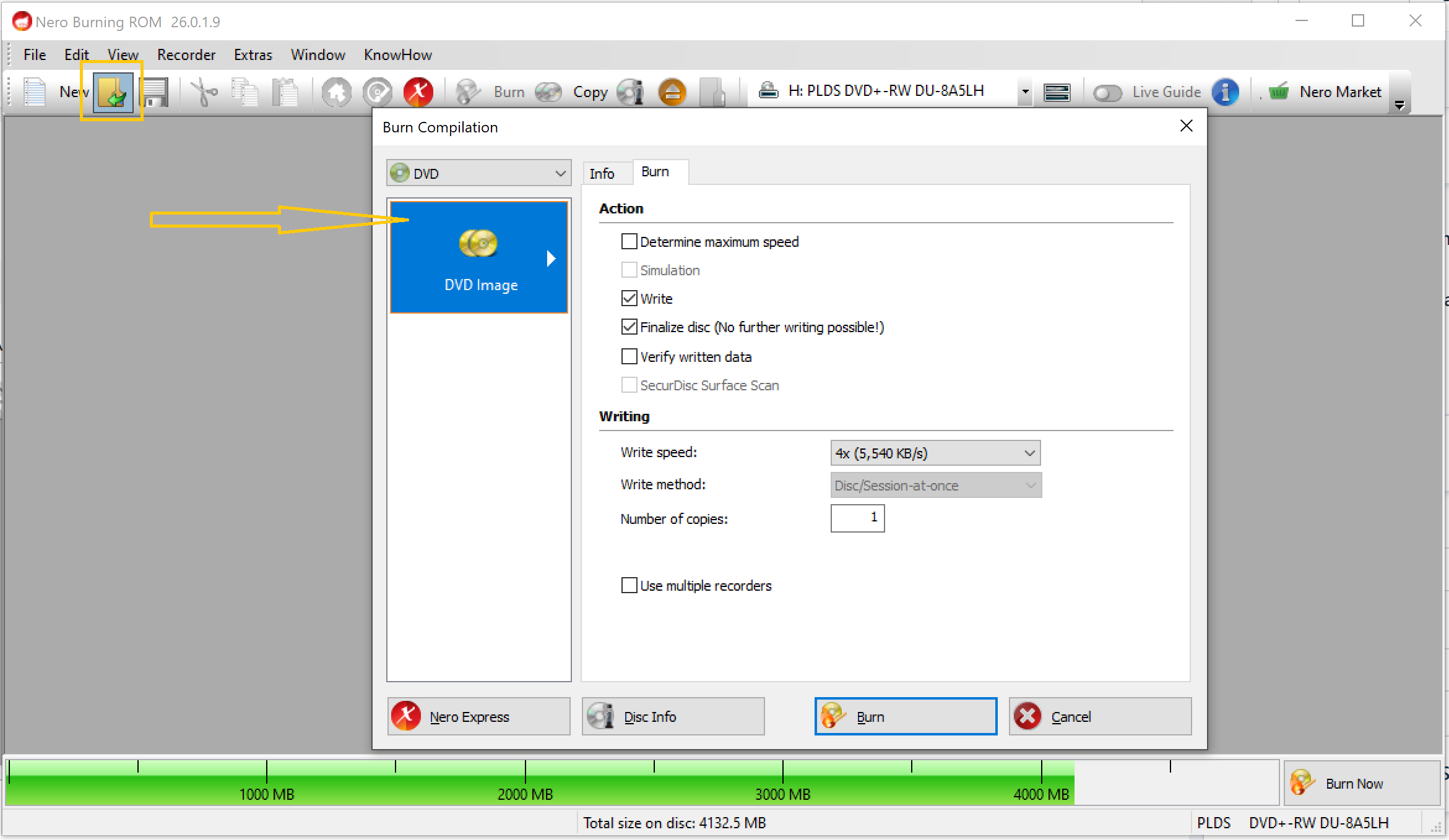 Окно Burn Compilation в Nero Burning ROM с Write, Finalize disc, Verify written data и Burn