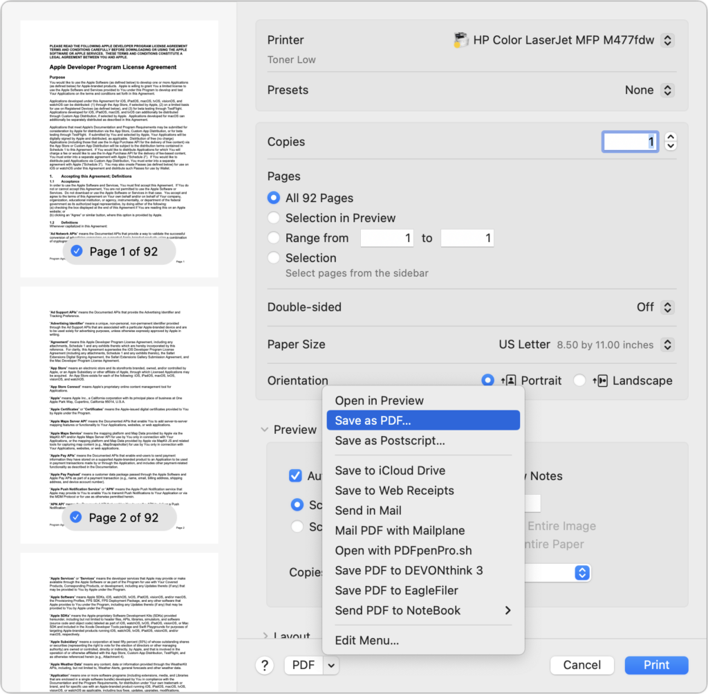 Системное меню сохранения PDF в macOS