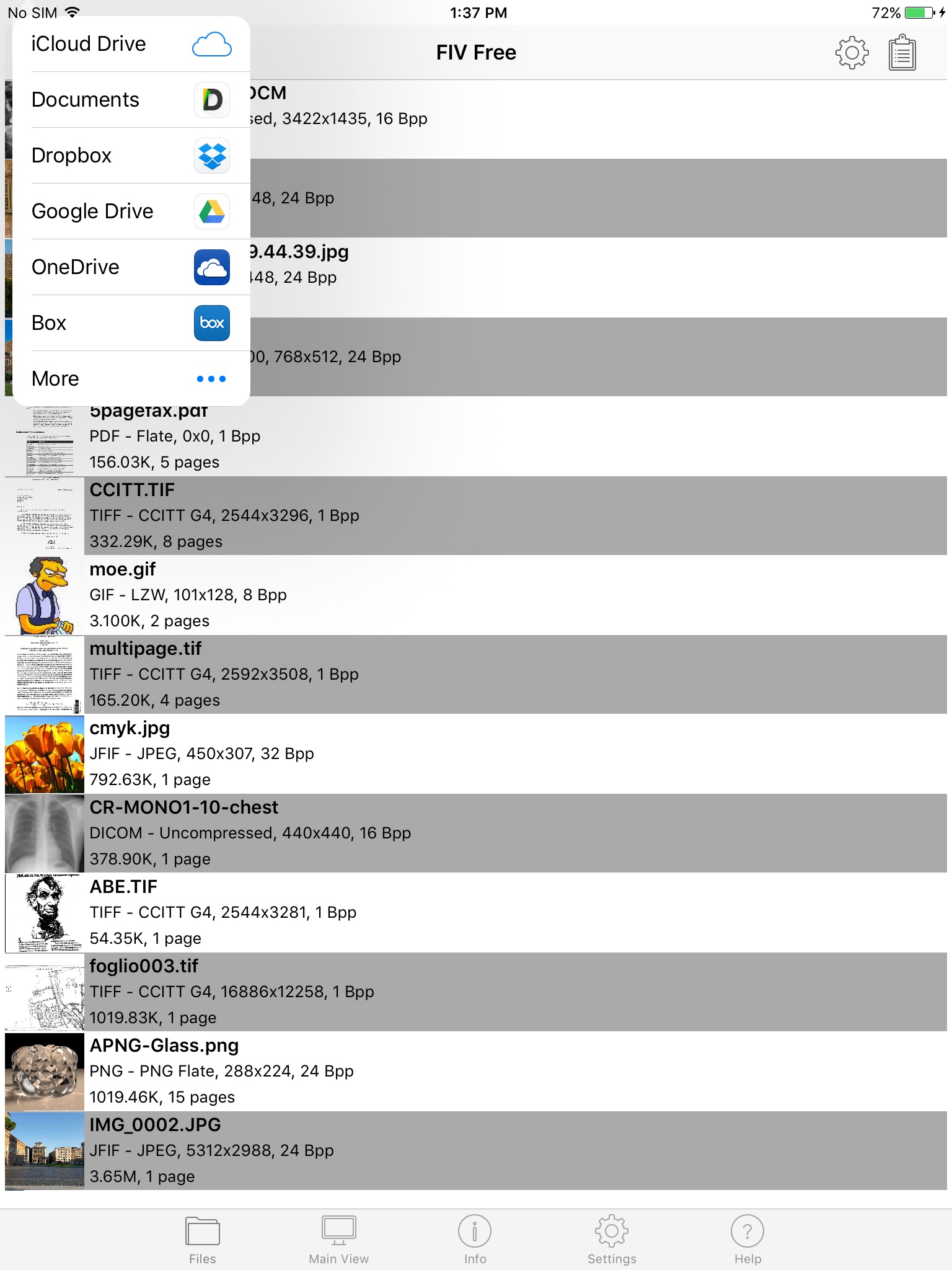 Fast Image Viewer Free на iPad: выбор облачного источника и список файлов