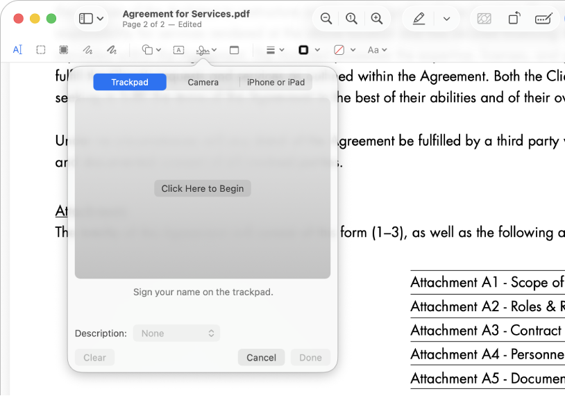 Окно создания подписи в Preview на Mac через Trackpad, Camera или iPhone/iPad
