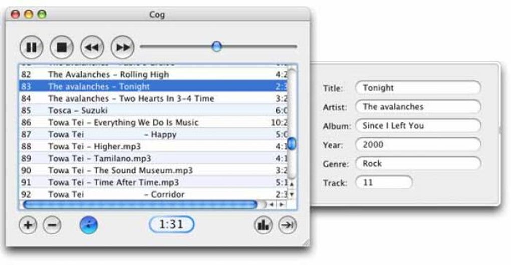 Интерфейс аудиоплеера Cog на macOS с плейлистом и панелью сведений о треке