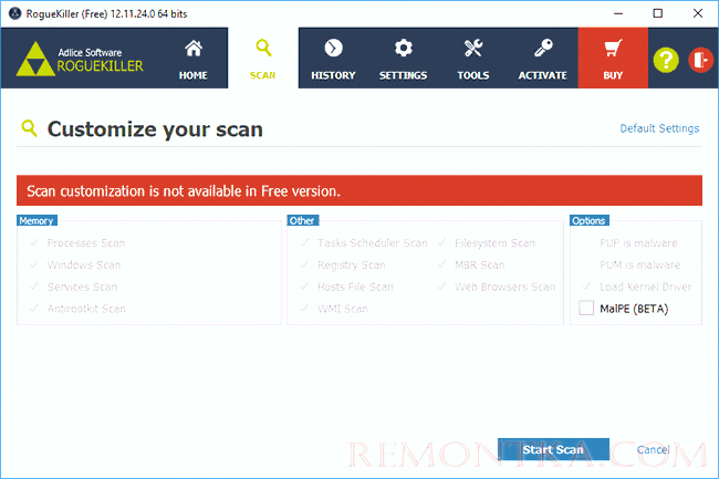 Интерфейс RogueKiller для поиска вредоносных объектов