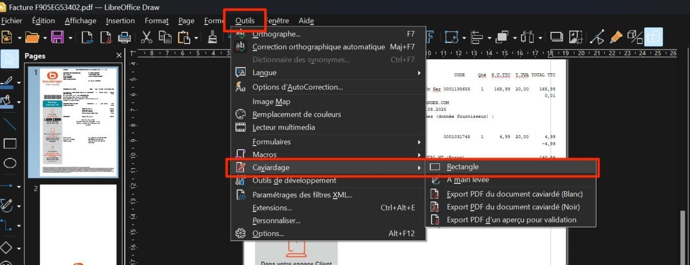 LibreOffice Draw: меню инструментов redaction для PDF