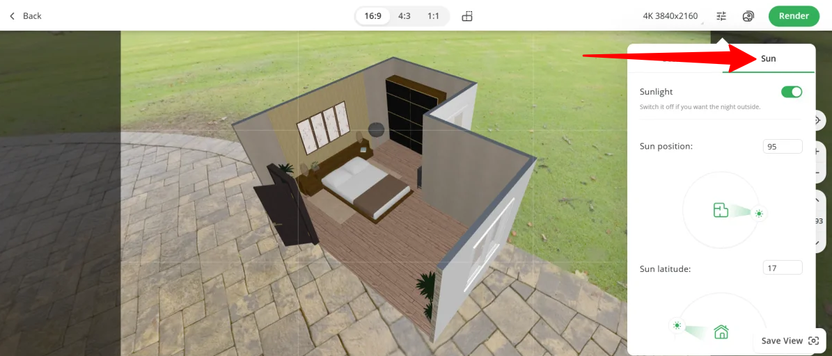 Интерфейс Planner 5D с панелью Sun и настройками солнечного света