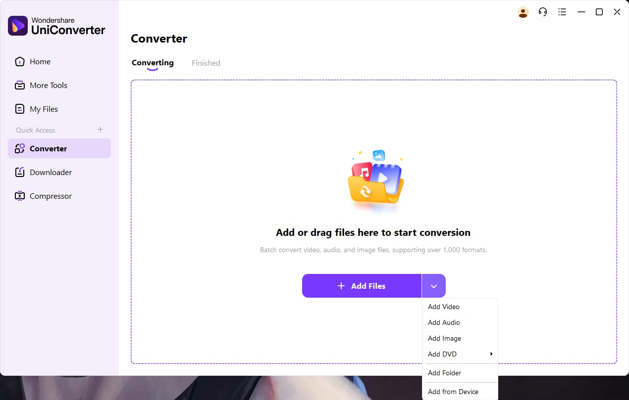 Wondershare UniConverter: модуль Converter и добавление медиафайла