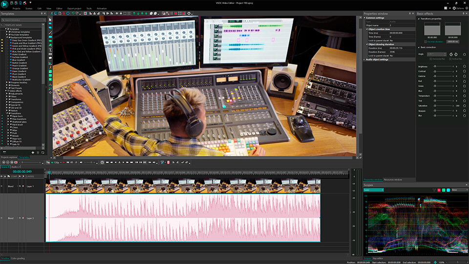 Интерфейс VSDC Free Video Editor с аудиодорожкой на таймлайне
