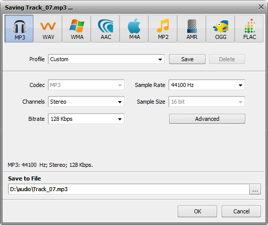 Окно Save as в AVS Audio Editor с форматами MP3, WAV, WMA, AAC, M4A, MP2, AMR, OGG и FLAC